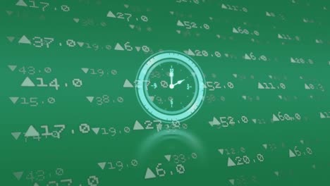 Animation-of-clock-over-financial-data-on-green-background