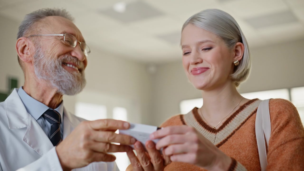 Closeup pharmacist showing tablets customer woman indoors. Lady buy medication