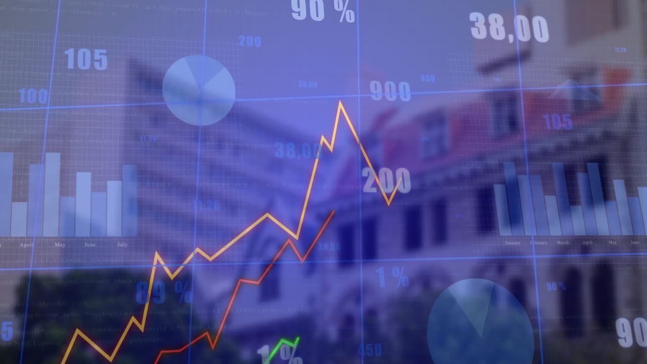 Financial dashboard overlay displaying on blurred stone front, showing grid, charts, colored lines