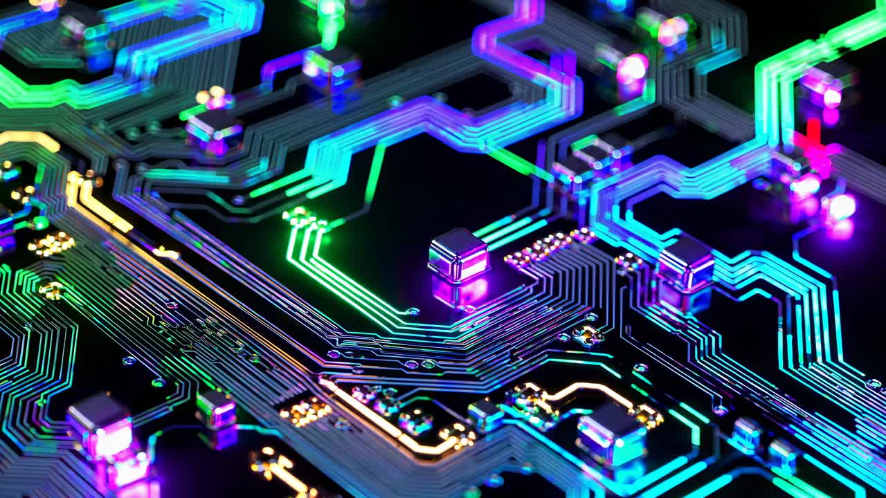 placa de circuito de alta tecnología con luces de neón brillantes