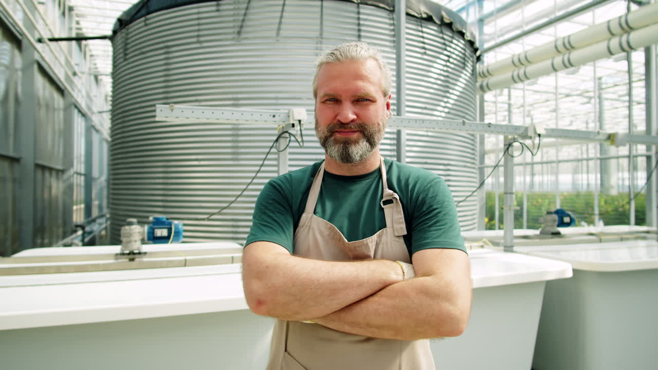 portret van een mannelijke werknemer van middelbare leeftijd in een bloemkwekerij