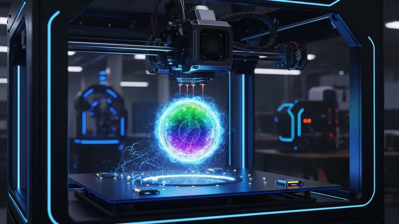 An Advanced 3D Printing Machine Creates a Colorful Energy Sphere, Showcasing Futuristic Technology and Intricate Designs in a Modern Laboratory Setting