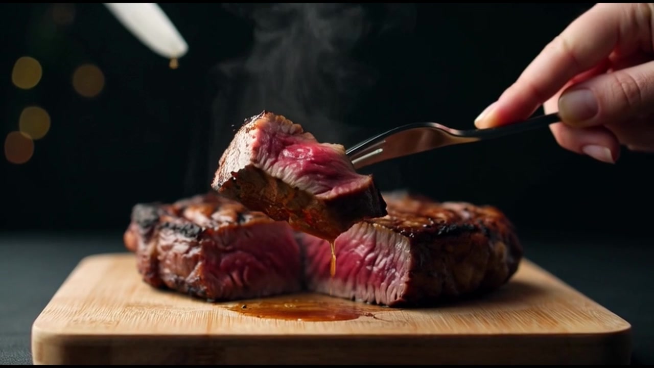 Person schneidet und hebt ein saftiges gegrilltes Steak