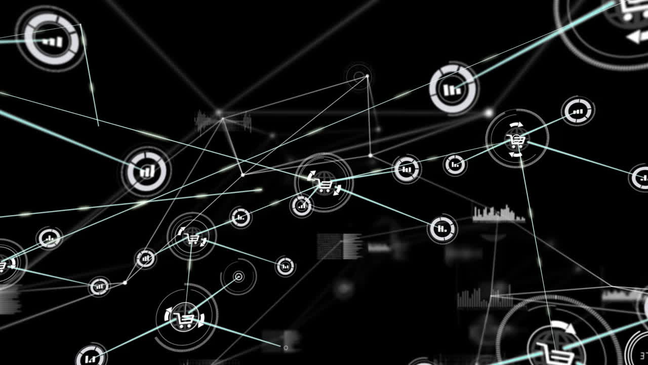 Animation of network of connections with icons and data processing on black background
