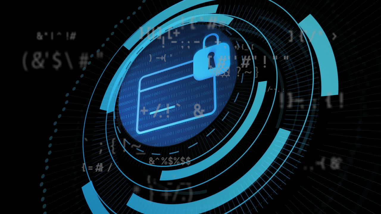 animación de un candado y una tarjeta de crédito en círculos de carga sobre símbolos contra un fondo negro