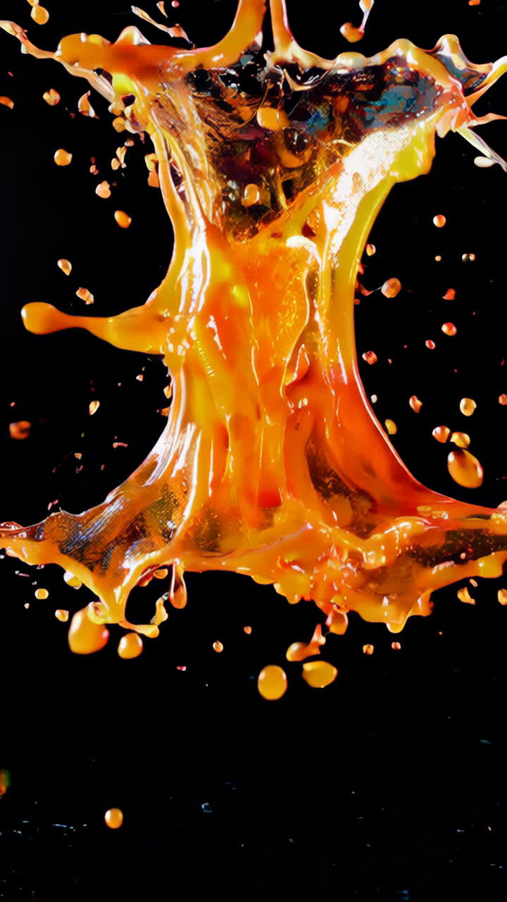 Dynamic Orange Liquid Splash and Falling Drops on Black Background