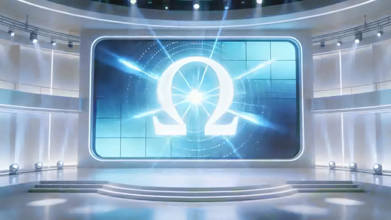 Animerer stor LED-skærm, der viser omega-emblem på sendescene, hvor midterste prik igangsætter puls.