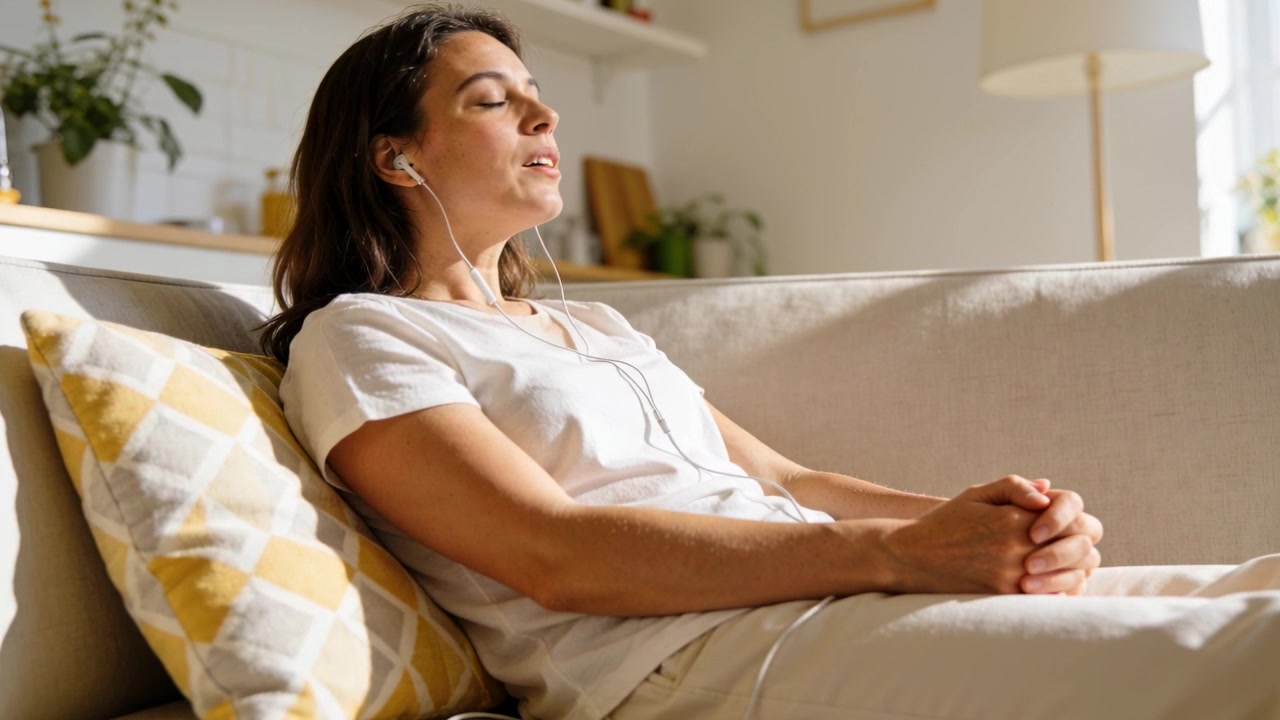 La música empieza, una mujer con camiseta blanca y auriculares con cable se recuesta en el sofá de casa, relajándose.