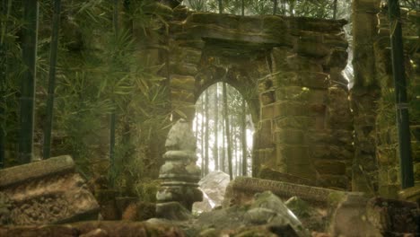 the ruins of ancient buildings in green bamboo forest