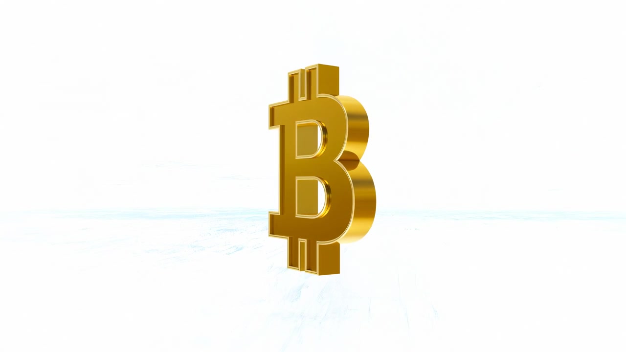 Vista frontale di un simbolo Bitcoin tridimensionale dorato presentato in posizione verticale su uno sfondo bianco ad alta luminosità senza soluzione di continuità, con un sottile riflesso blu pallido sul pavimento, finitura metallica lucida, pulito e minimale.