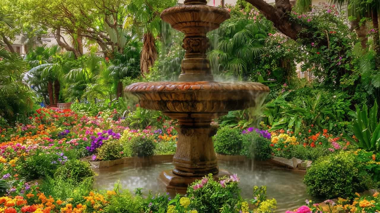 Un'oasi di giardino serena con una maestosa fontana circondata da aiuole vivaci e vegetazione rigogliosa, che cattura l'essenza della tranquillità e della bellezza naturale.