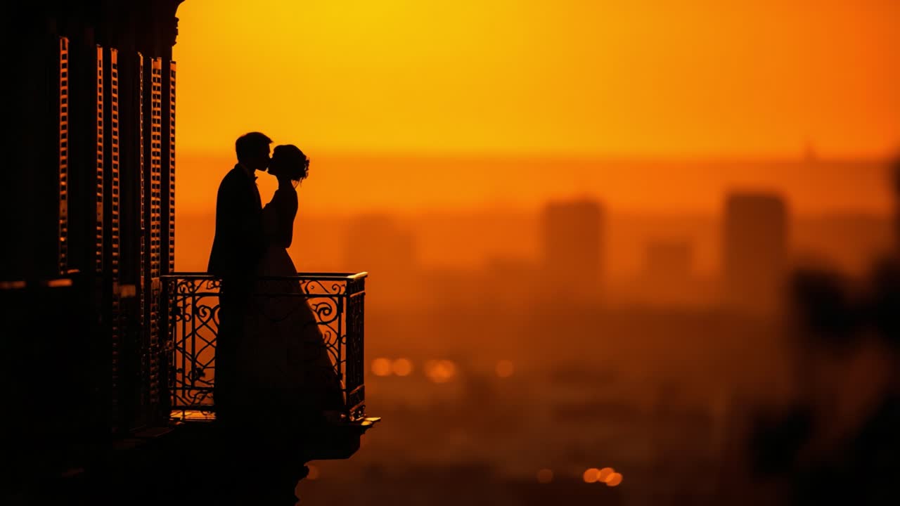 Una silhouette romantica al tramonto di una coppia abbracciata su un balcone, che cattura un momento indimenticabile di amore e connessione sullo sfondo di un caldo orizzonte dorato