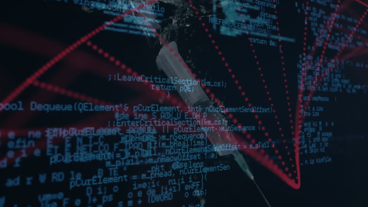 animación de los datos de procesamiento sobre la jeringa y la hélice roja de adn girando en pantalla negra