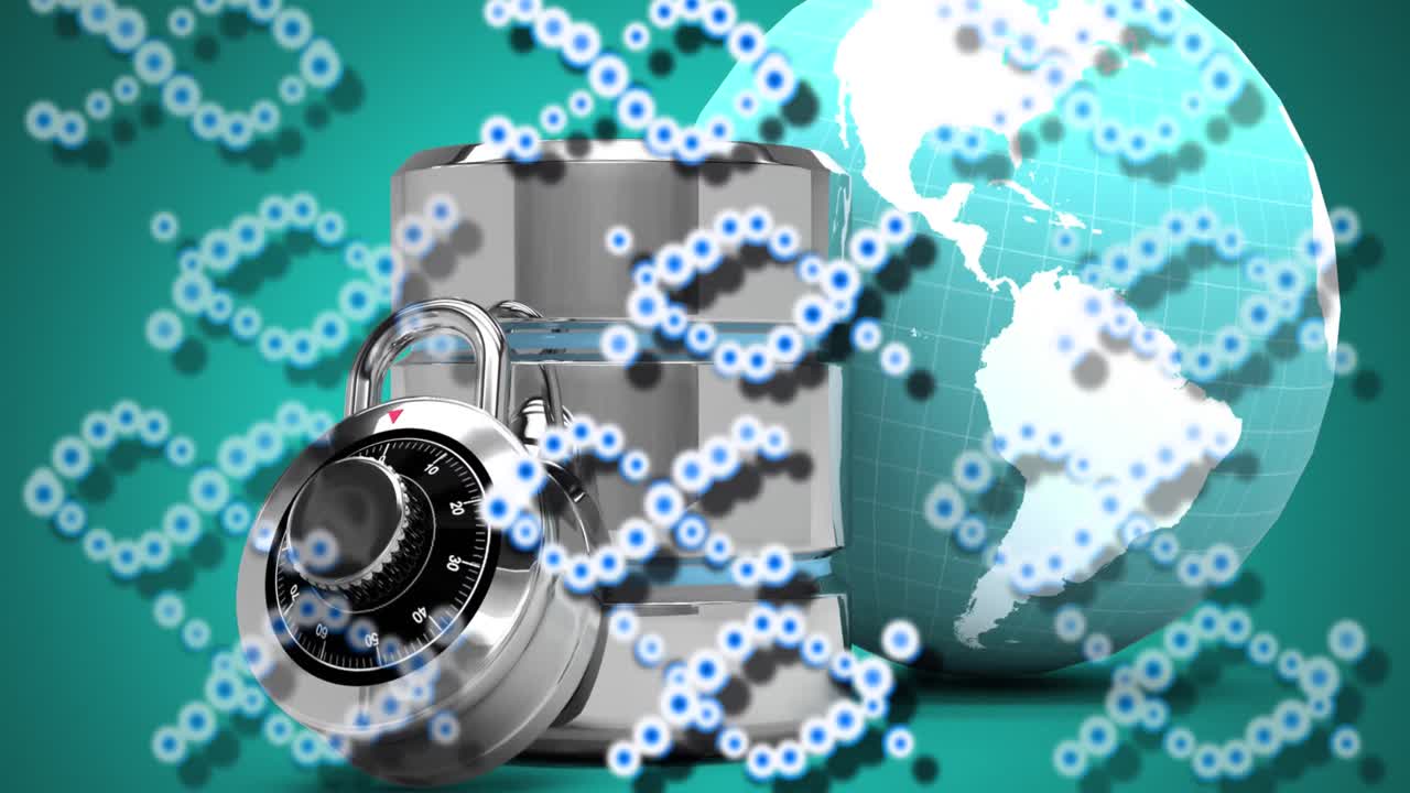 백색 배경 위에 지구를 가진 의료 데이터 처리 및  ⁇ 락의 애니메이션