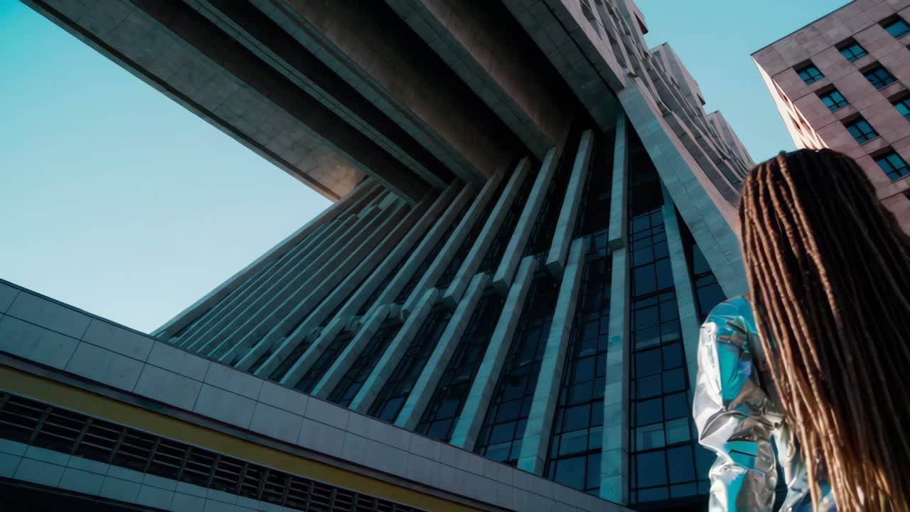 mujer mirando la arquitectura moderna en la ciudad