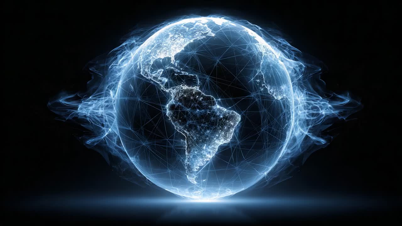 Dynamisk visualisering af en forbundet globus, der fremhæver globale netværk og dataflow med kunstnerisk glød på en mørk baggrund