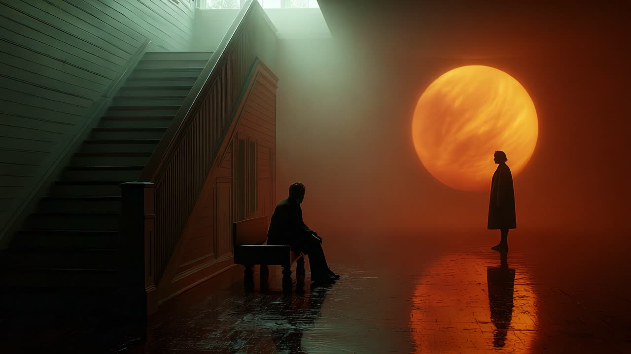 A Thought-Provoking Encounter in a Surreal Setting: Two Figures Contemplate Under the Overhead Sun, Capturing the Essence of Isolation and Connection in an Ethereal Environment