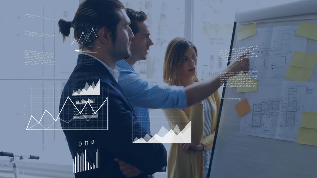 Overlays growing tech team studying charts while woman rearranging notes and man analyzing process