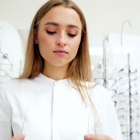 woman choosing eyeglasses in store