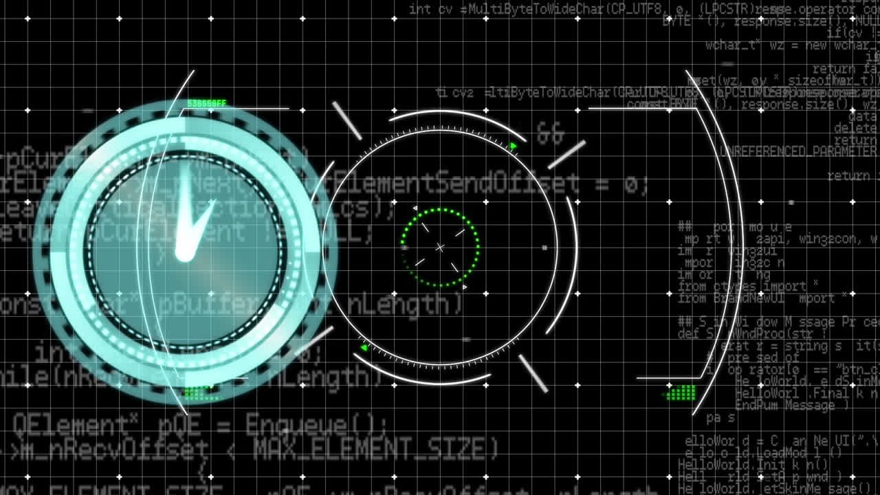 애니메이션 시계가 빠르게 움직이고 검은색 배경에서 데이터 처리가 진행됩니다.