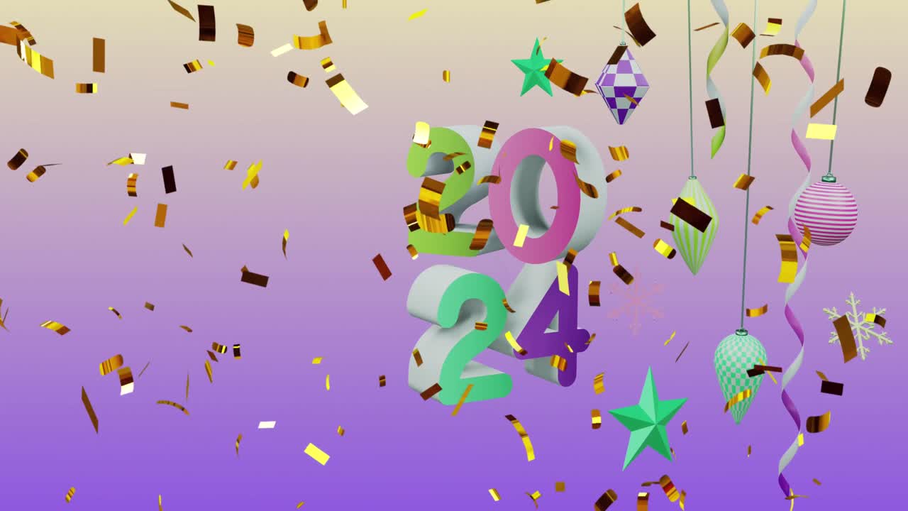 animación de confeti cayendo sobre texto de 2024 y decoraciones en fondo púrpura