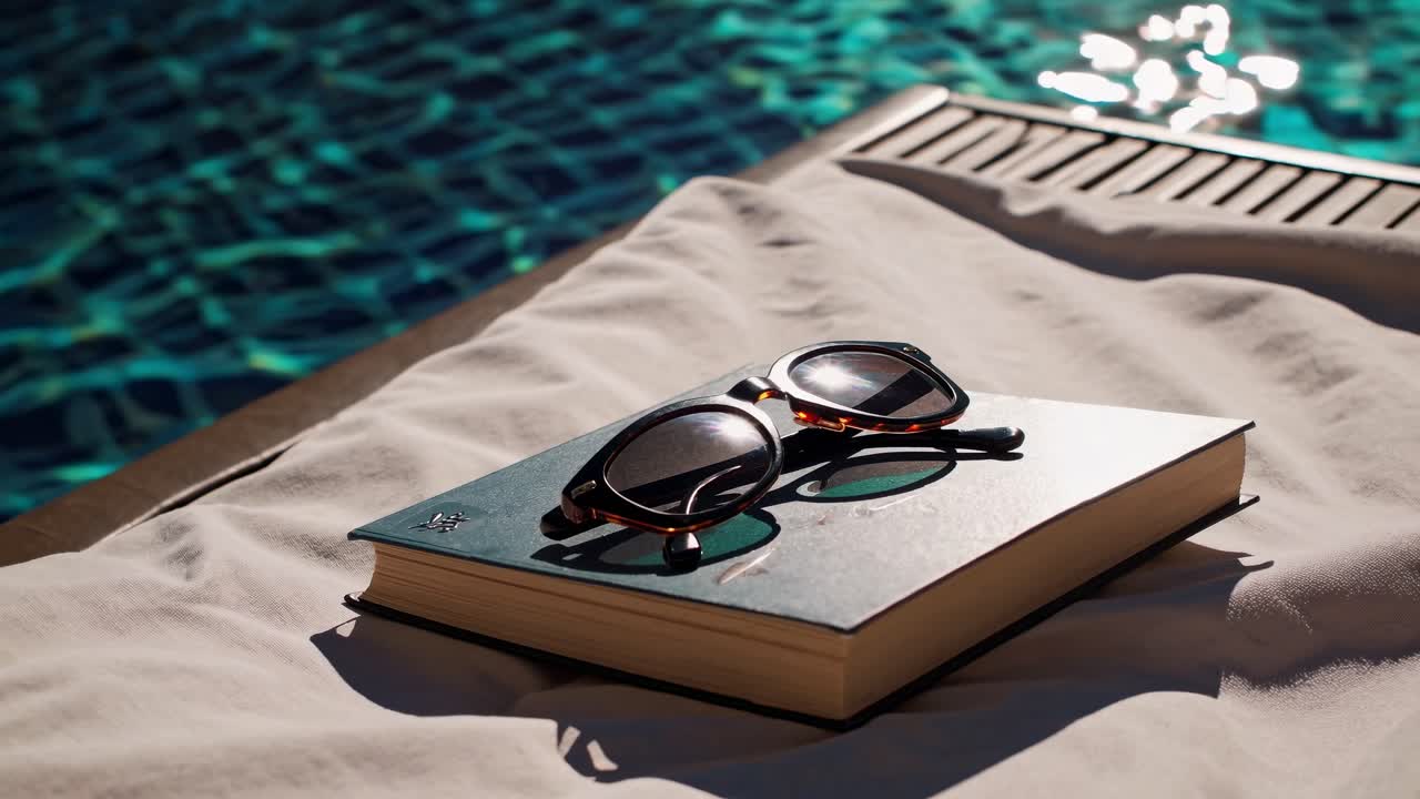 Sunglasses resting on a book beside a shimmering pool, basking in the warmth of a sunny day, creating a tranquil summer vacation atmosphere ideal for relaxation and leisure