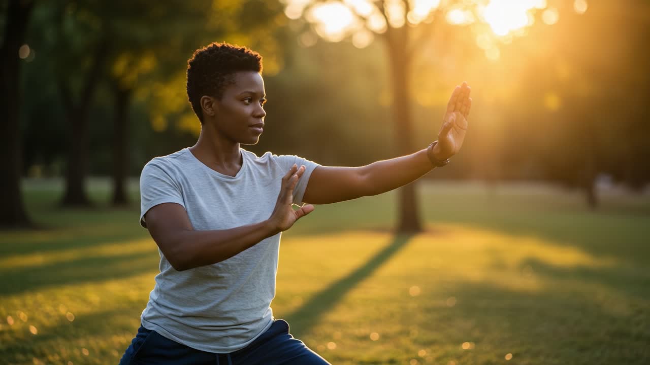 Mindful Movement: A Serene Evening Practice of Tai Chi in a Tranquil Park Setting, Radiating Peace and Flexibility Amidst Nature's Golden Glow