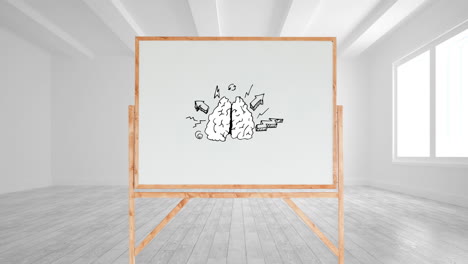 dibujo de un cerebro y diferentes flechas en una pizarra blanca