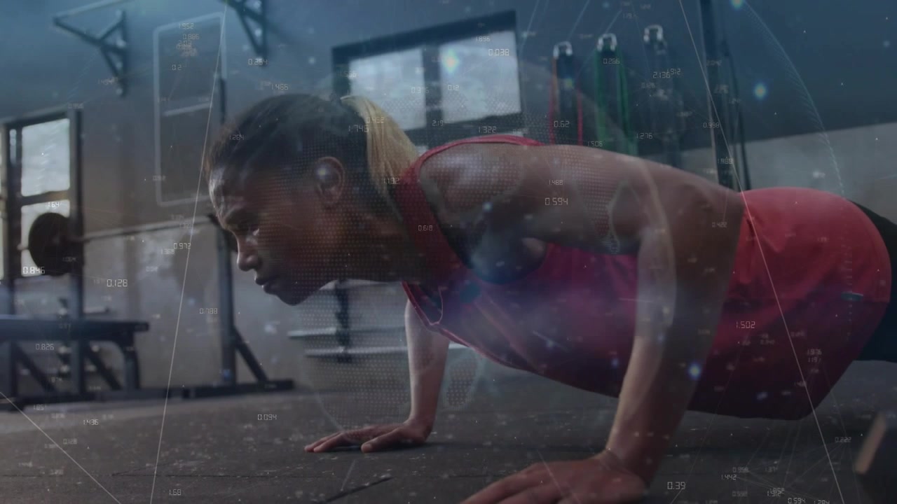 Start set, woman doing pushups on rubber mat for fitness with overlays over woman, barbell, window