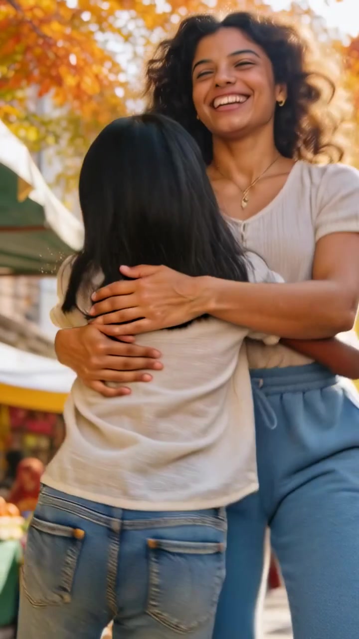 Video verticale: Bambino che si protende e abbraccia una donna per la gioia, facendola sollevare e girare tra le bancarelle del mercato.