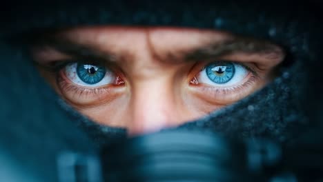 a close up of a man's face with blue eyes looking through a sniper scope