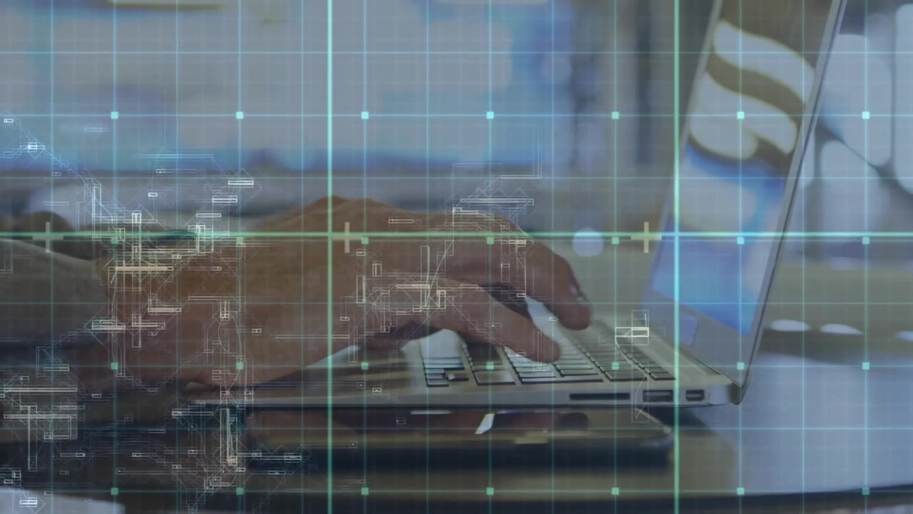Animation of data processing over businessman using laptop