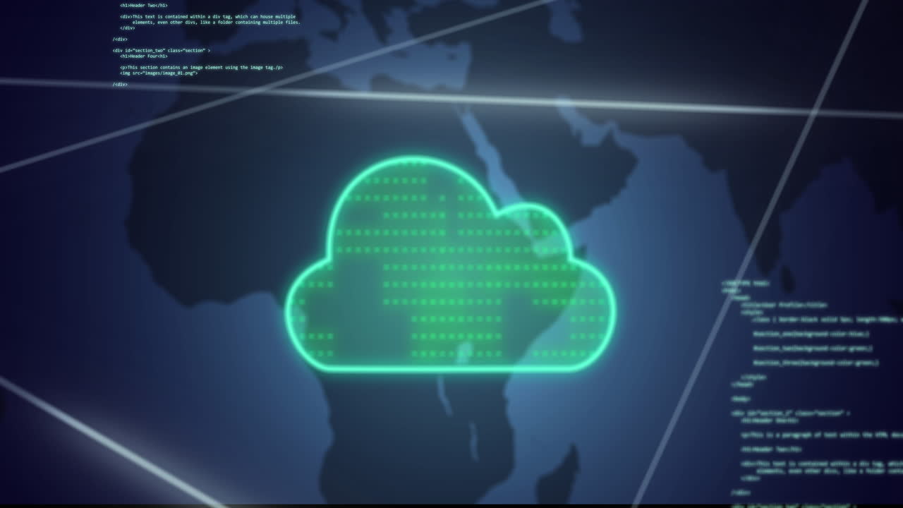 Animation of cloud icon with data processing over world map