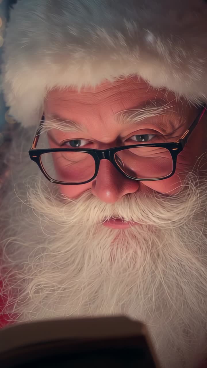 Vertical video: Holding book senior Santa reading story at home, pausing with red hat glasses beard