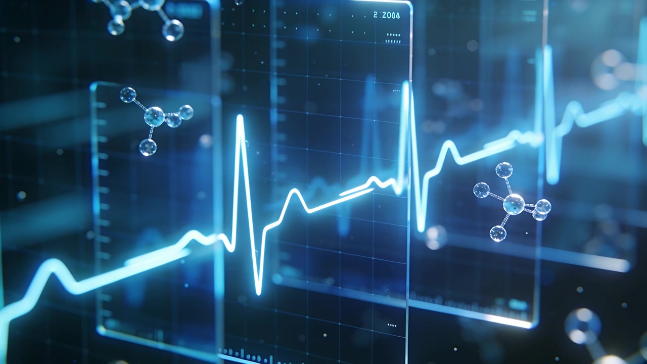 Tracciato ECG pulsante che appare su un pannello, scorrendo attraverso i vetri, mostrando la frequenza cardiaca con molecole.