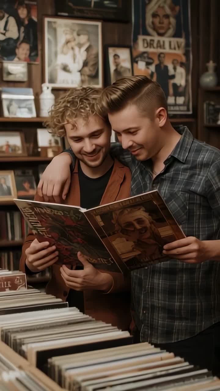 Vertikální video: Vytahování vinylové desky z boxu, hnědý kabát a kostkovaná košile, muži se objímají a poznávají album v obchodě