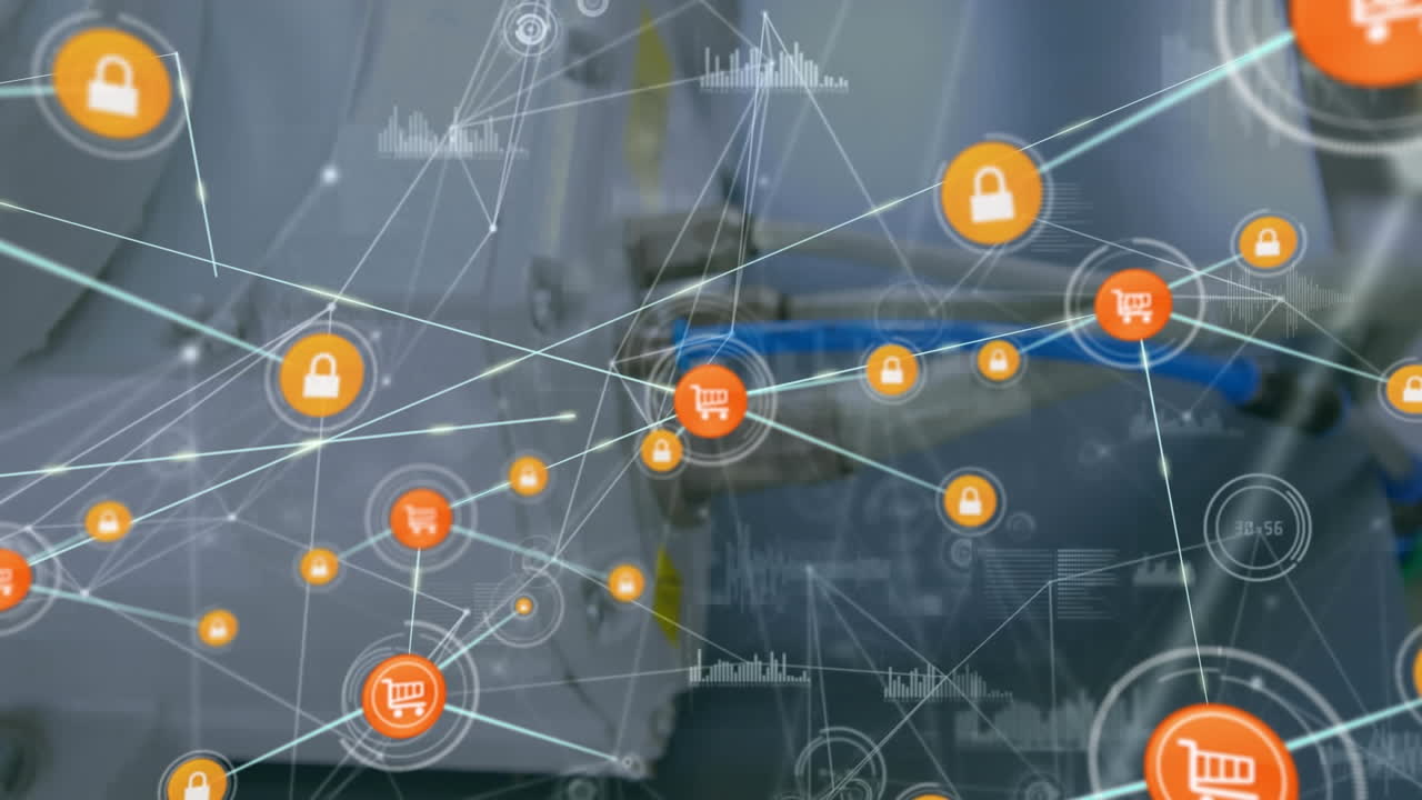 animación de la red de conexiones con iconos y procesamiento de datos a través de un servidor informático
