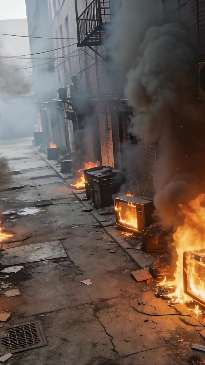 Video verticale: Bidoni di metallo in fiamme, scatole dopo piccoli incendi in un vicolo, che emettono fumo, con spazio per il testo.