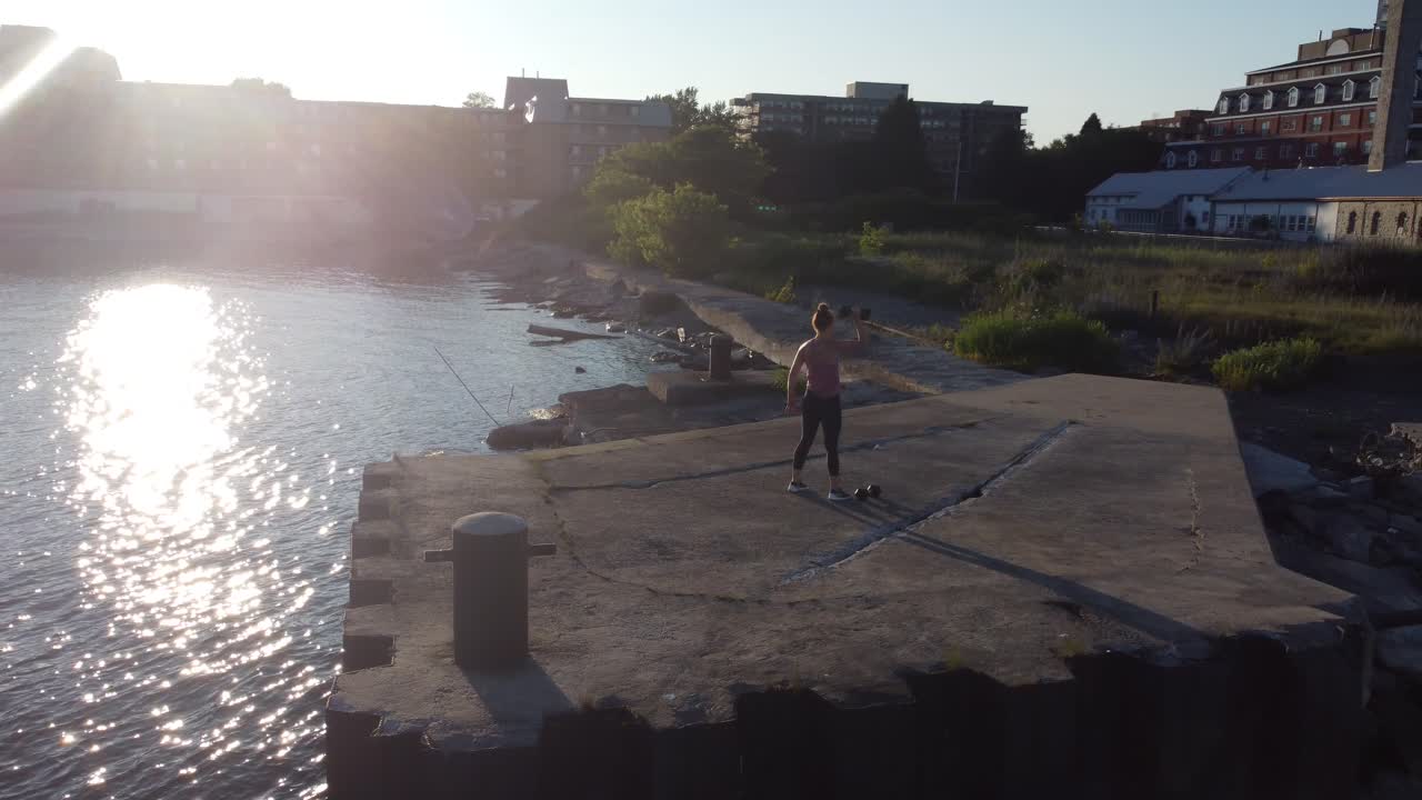 aerial women doing  outdoor fitness during summer