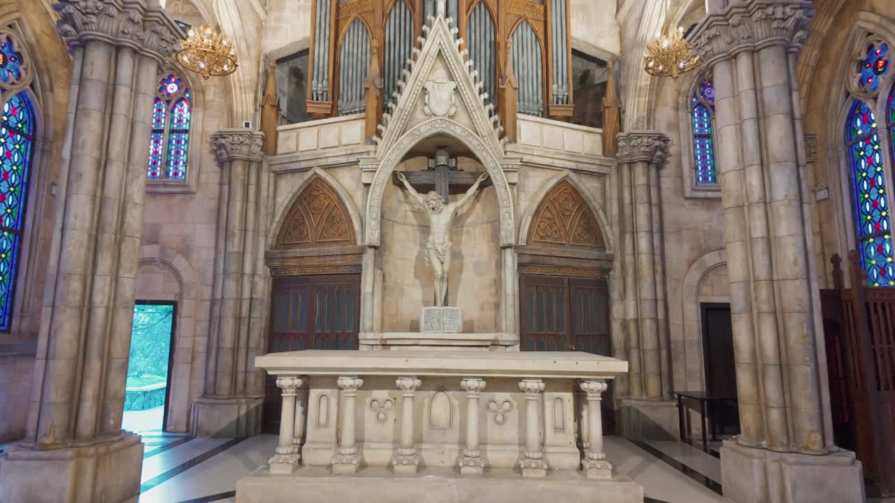 Gothic Church Interior with Altar and Pipe Organ