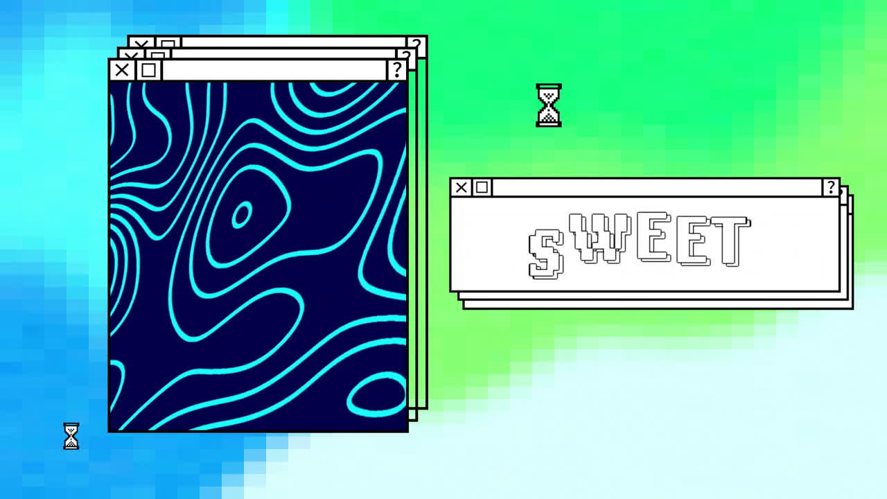 Animation of digital interface with sweet text and blue lines on colourful background