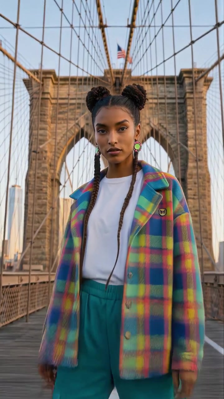 Young Woman Walking on Brooklyn Bridge at Sunset