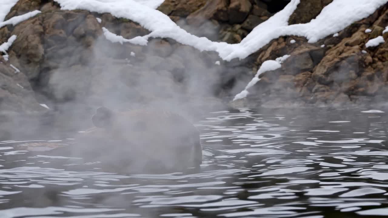 A serene video of a capybara swimming in a hot spring, captured at eye level