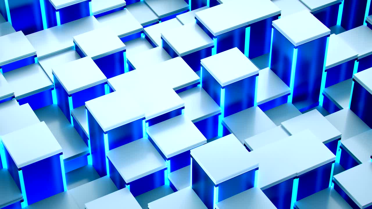 3D Neon Ice Blue Cube Dancing Shapes Professional Background Loop 4K