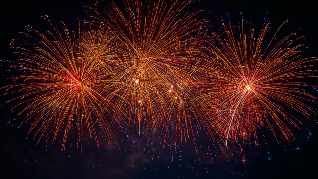 Firing mortar tubes launching shells into night sky, producing red gold bursts merging into spheres