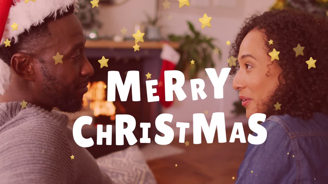 animación de texto de feliz navidad sobre una pareja afroamericana hablando.