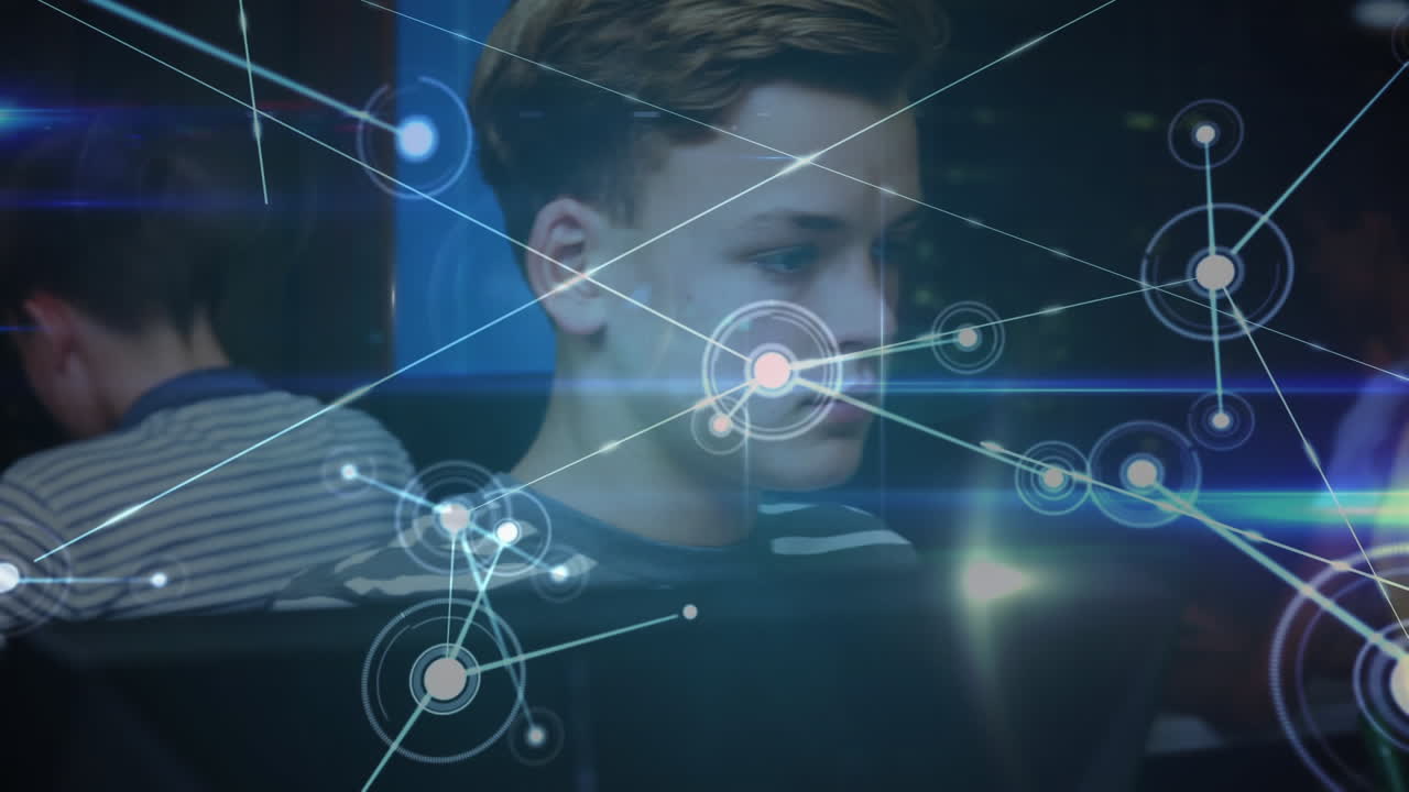 animación de conexiones sobre estudiantes sentados en un aula