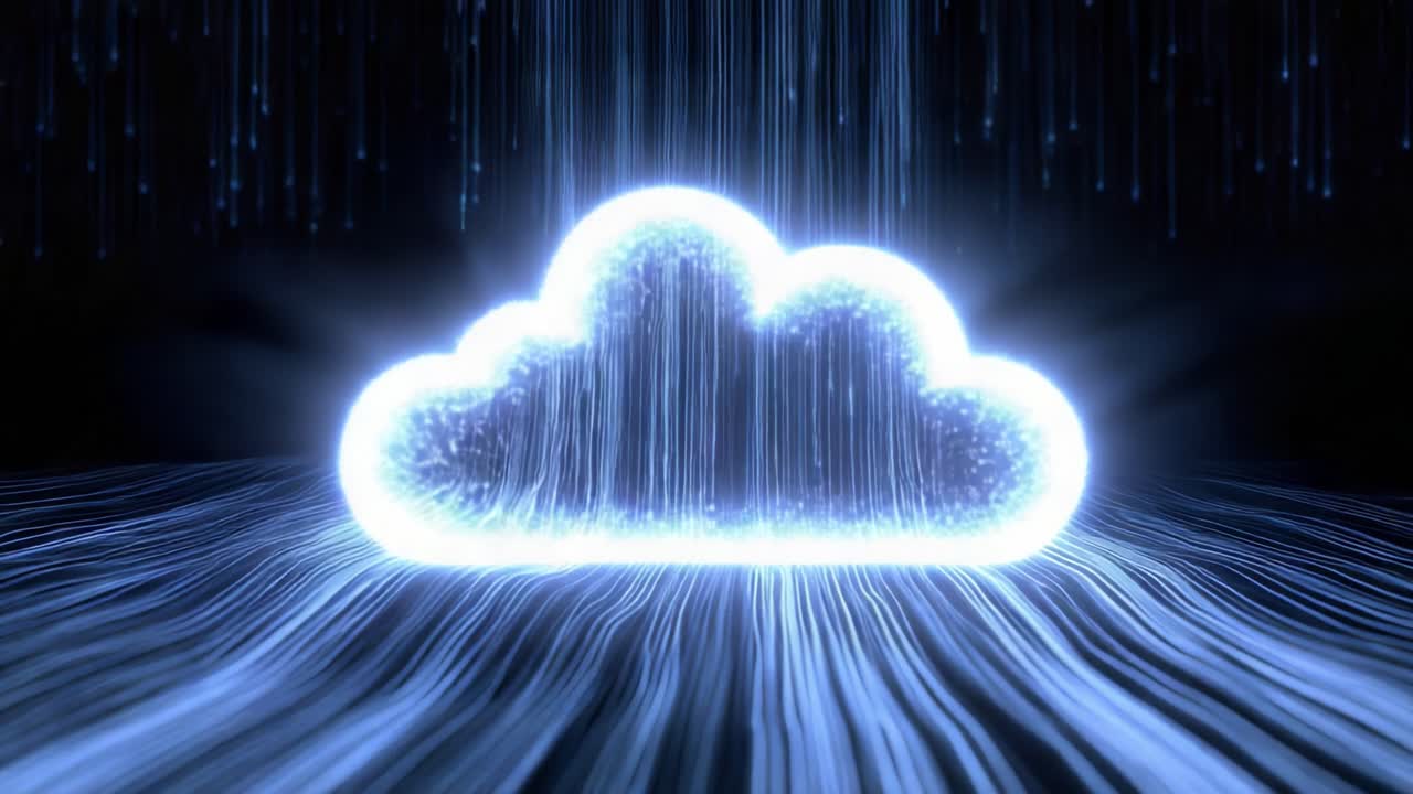 Digital cloud icon glowing with streams of data flowing up and down, symbolizing cloud computing, online storage, networking, big data, and information technology in a seamless loop animation