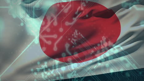 animation of flag of japan, digital data processing over computer circuit board