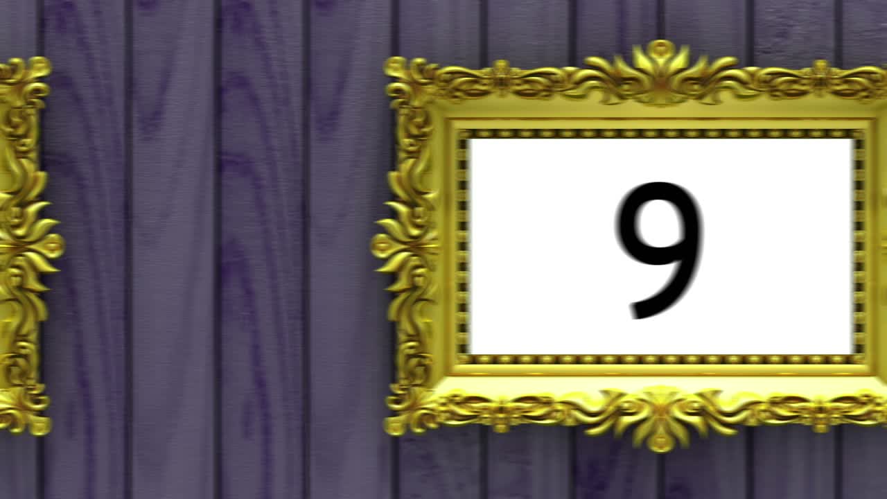 보라색 나무 배경에 금색 그림 프레임으로 카운트다운. 히트 퍼레이드 모형, 차트, 3d 애니메이션, 그린 스크린.